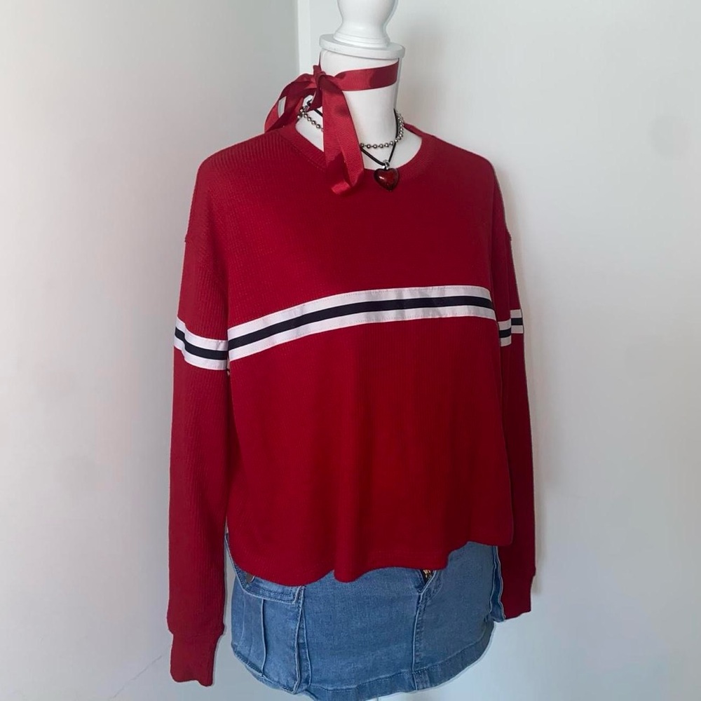 Hollister red white and navy blue striped long sleeve boyfriend tee sweater top